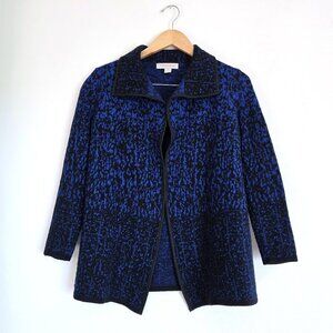 Laura Ashley Wool Blend Knit Open Front Cardigan Jacket Blue Black Sweater Coat